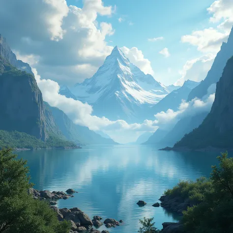 a detailed fantasy landscape, a vast lake with calm waters reflecting the sky, towering mountains in the background, lush greenery and foliage surrounding the lake, dramatic cloudy sky with rays of light shining through, highly detailed and photorealistic,...