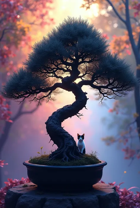 cat eyes in the background the image of a black bonsai with the background of purple colors, rosa, light blue, yellow, orange, dark blue, wine and white