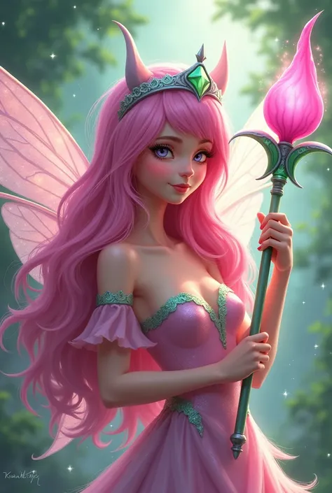 an adventure time style fairy, with pink and transparent wings, pink hair with green highlights, a silver tiara and a pink scepter with green details