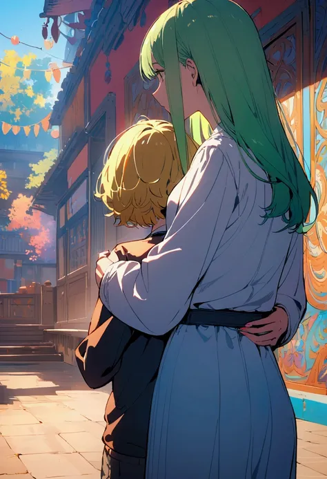 Tall girl with short green hair, arms crossed with his back against the back of a shorter girl with long, blonde hair