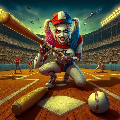 Harley Quinn with menacing persuasion asking the viewer to play baseball, realistic style