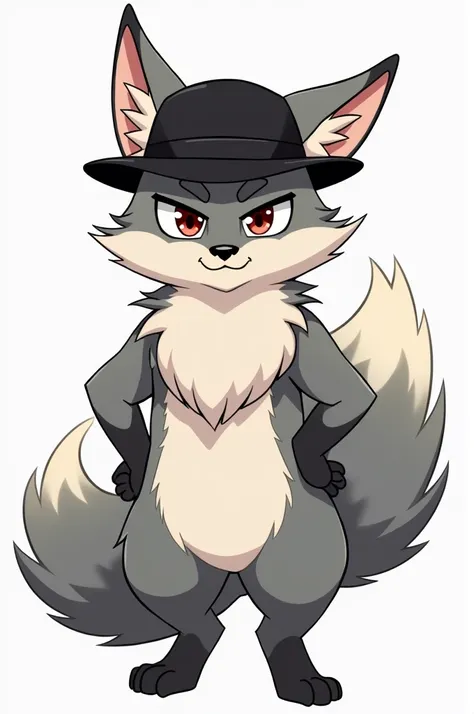 Furry fox with lush gray and white fur. ,with a black 80s mobster hat "anime image" "bottomless"