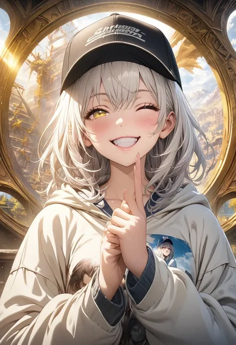 masterpiece, Highest quality, Highly detailed CG Unity 8K wallpapers, High School Girl Anime Illustration. Wear oversized clothing、she has her eyes closed and mouth open, smile. Realistic Backgrounds, 3Dart, white hair color, Yellow Eyes, Anatomical Finger...