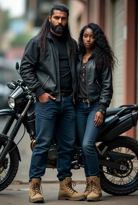 A man with long black hair tied up, with a profiled beard, he has a black jacket, He has blue pants, has beige boots, He is with a dark-skinned woman, thick build, He has a black jacket, He has blue pants and beige boots, They are standing next to a black ...