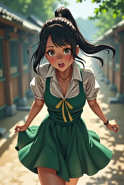 one piece　Skirt lifted　Green Pants　
Open your mouth, ponytail, One girl, Black Hair, 