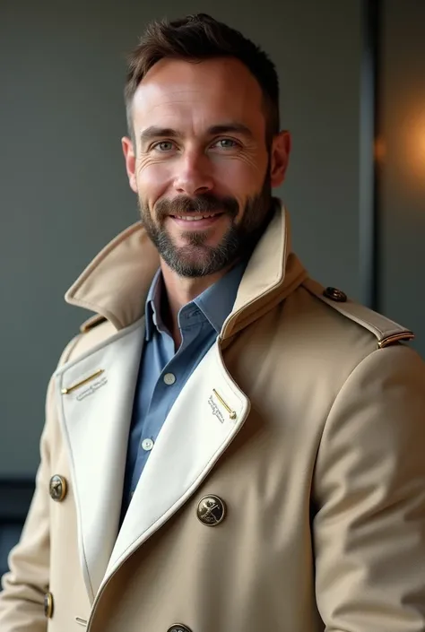 realisticic, Handsome English man, physical therapist, smiling , strong and muscular legs, large lump, casual dress, Oxford Shirt, Beige and white and gold elegant trench coat Elegant and fashionable, Perfect face, perfect eyes, with beard, sexy, realistic...