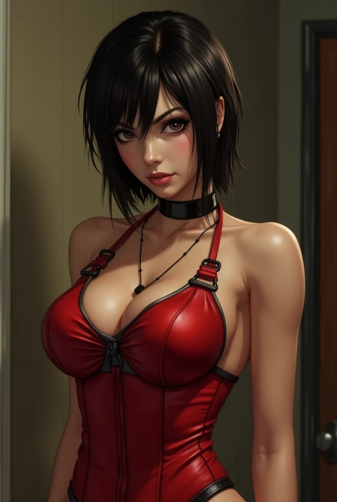 Ada Wong . Resident evil 4 . Thick animal collar. Ballgag. High heels. Red latex swimsuit. Vibrator.  standing among  men. Cumming. 