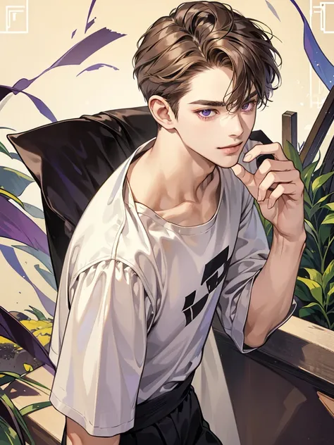 a boy with dark purple eyes. wavy short cream dark brown beige hair. cool, and handsome. he thin. he handsome. Background in town in the night. his hair wavy.  cream beige wavy hair so short hair. he young boy. a male character with side-parted hair. he yo...