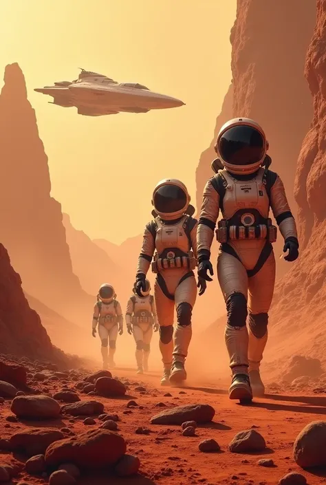 Create a poster design with a Mars landscape and astronauts in space suits without helmets.put a space ship and they moving in front 