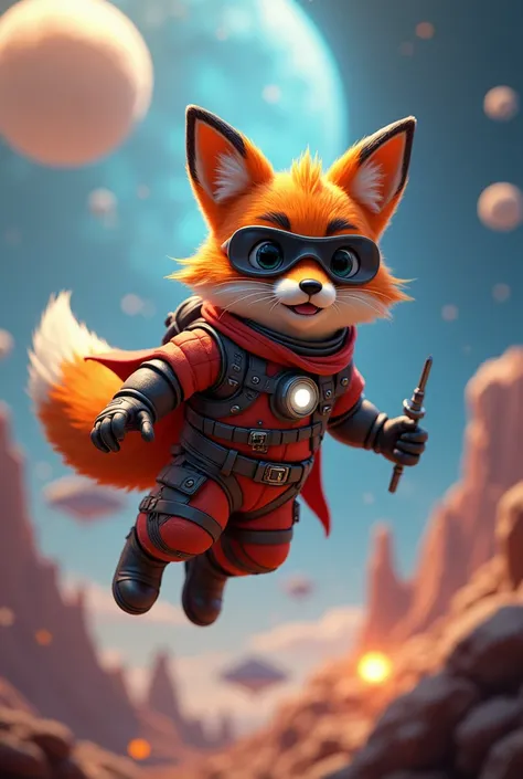 cartoon, full body, furry, zorro, fox, astronaut suit, fantasy environment, short stature, camera rotation angle side view, floating in space 