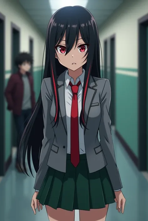 Screenshot of Boku no hero academia Beautiful girl with long straight black hair with red streaks, slanted eyes with black eyeliner,red eyes gray uniform with red tie and a green mini skirt, with an annoyed expression on his face, walking down a hallway, s...