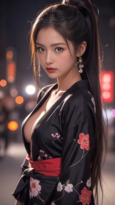 High image quality、High resolution、masterpiece、Wide-angle shot、samurai、woman、Age 35、Japanese Castle Town、Cherry Blossom Snowstorm、Black yukata、Hitman、Under a large cherry tree、Neon city at night、Futuristic Suit、Blonde center-parted ponytail、Large Breasts、P...