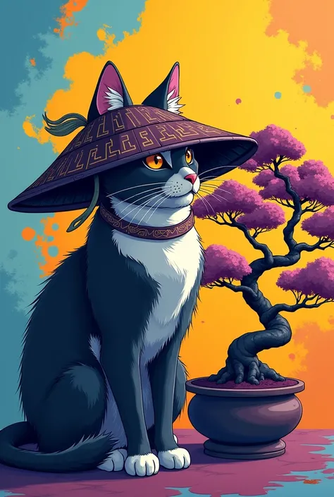 cat with chinese samurai style hat next to a bonsai with purple background, rosa, light blue, yellow, orange, dark blue, wine and white anime style