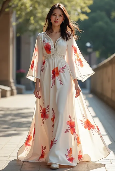 Beautiful and elegant white university graduation dress with Andean brushstrokes