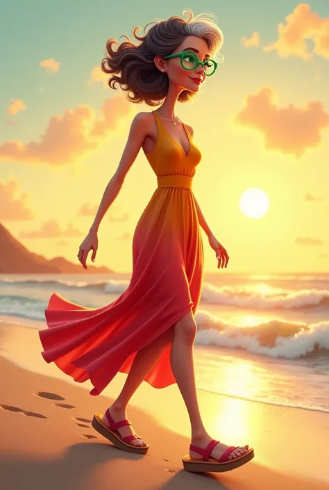 Tall, thin, brunette woman, dark hair, white streak in the front, curly, green glasses, colorful dress, red, orange, yellow, platform sandals, walking on the beach at dusk, age 60, Disney Pixar