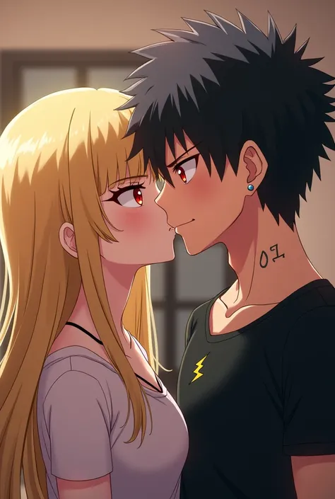 Screenshot My hero academia, a person giving another person a kiss on the cheek, The first one is a light-skinned girl, Blonde hair, long and straight with bangs, slanted golden eyes, with makeup and long eyelashes, Chino, He has a lightning bolt necklace ...