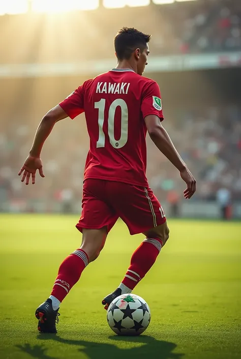 A young man playing football wearing the shirt of Cristiano Ronaldo&#39;s team al Nassar and wearing the number 10 on the shirt and also wearing the name Kawaki on the shirt 