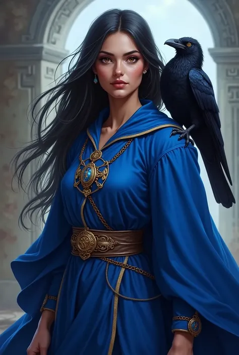 The image of a mage for my dungeons and dragons campaign. She is human, white, has heterochromia in the eyes, one is blue and the other is dark brown, average height, around 1 long black hair, a long royal blue tunic covering the entire body,  a brooch wit...