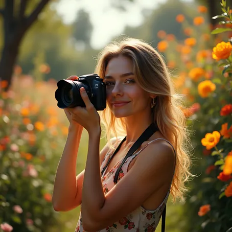 Anime style, lovely woman taking photos with camera, outdoor, flowers, fullbody, sunlight, Youthful and energetic.
﻿
Beautiful cinematic lighting, surreal, color graded, dynamic movement, captivating chiaroscuro, full body, award-winning, cinematic still, ...