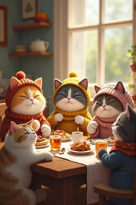 A family of obese cats dressed in cute clothes, having lunch and very happy