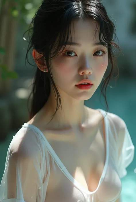 korean woman in wet transparent white t-shirt, usando um short Sentdo