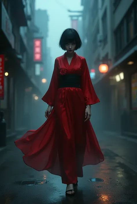 Red silk kimono。Beautiful in the fog,Walking in the fog。Black Belt。smile。Black Short Hair。amount, Beautiful red eyes。Dead skin。Alone。darkness。Spooky atmosphere。Japan。Concrete City。Dark atmosphere without light。night。Red Flower,Chiaroscuro,Skyscraper。