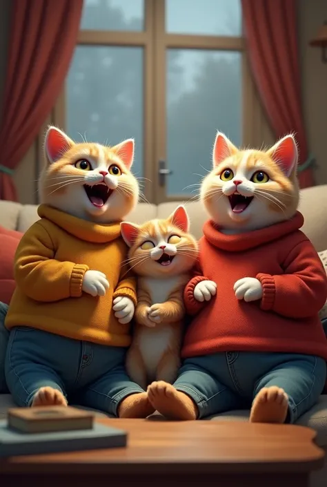 A family of fat cats dressed in human clothes, on a sofa, watching a comedy show and laughing a lot