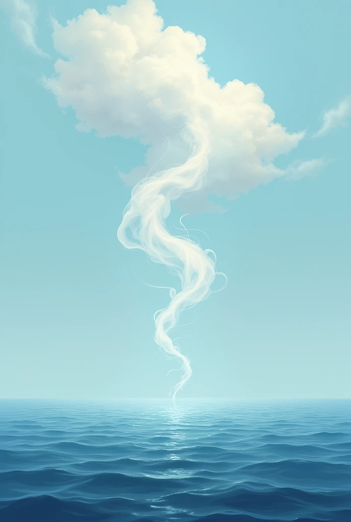 Show a illustrative image of water rising from the ocean into the air as steam, heading toward the clouds called evaporation