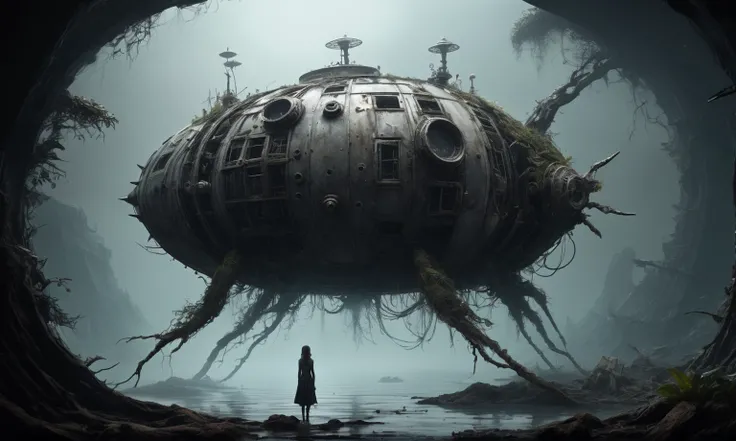 steampunk  fantasy, young plant witch made of dead plants huntering, black and white color mechanical clockwork Spaceship under sea, ominous landscapes,a small floating mkitdecy-planet in concrete and rusted metal struts that looks like a see-mine, low-key...