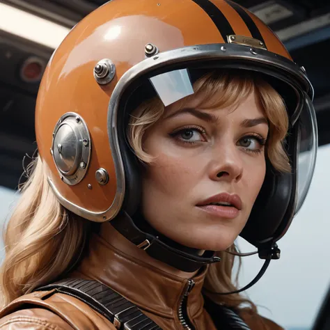 a close up of a woman in a helmet and a helmet on, 2 0 2 1 cinematic 4 k framegrab, barbarella, by Anna Katharina Block, fighter pilot in the cockpit, moody : : wes anderson, retro photography, furious gorgeous woman, sixties, faster, awarded on cgsociety,...