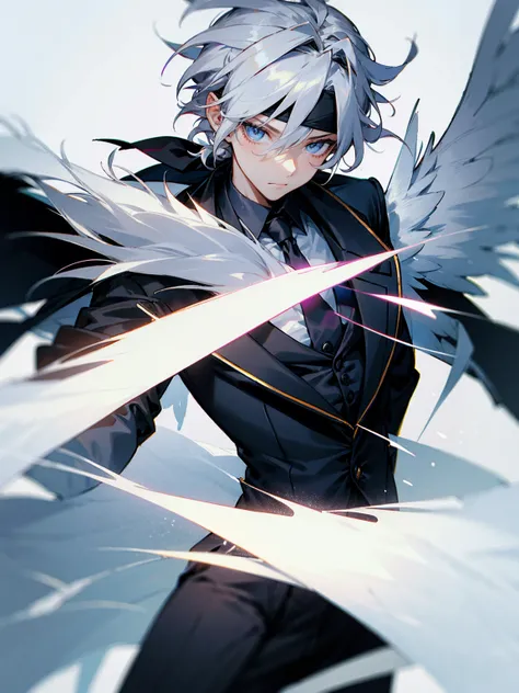 1male, silver hair, angel wings, messy hair, top knot, headband, black suit