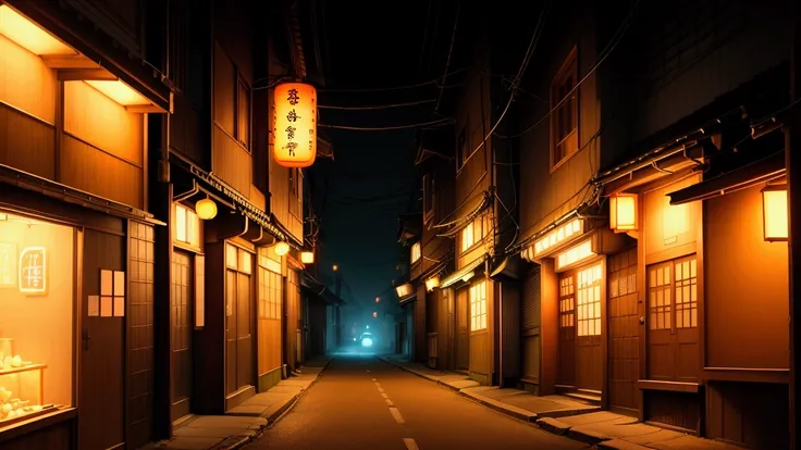 quiet urban street at night, cozy atmosphere, neon signboard "LOFI LOVE LOUNGE," warm orange light, traditional Japanese buildings, narrow street, distant foggy mountains, street lamps illuminating, serene and inviting, deep shadows, low light, tranquil sc...