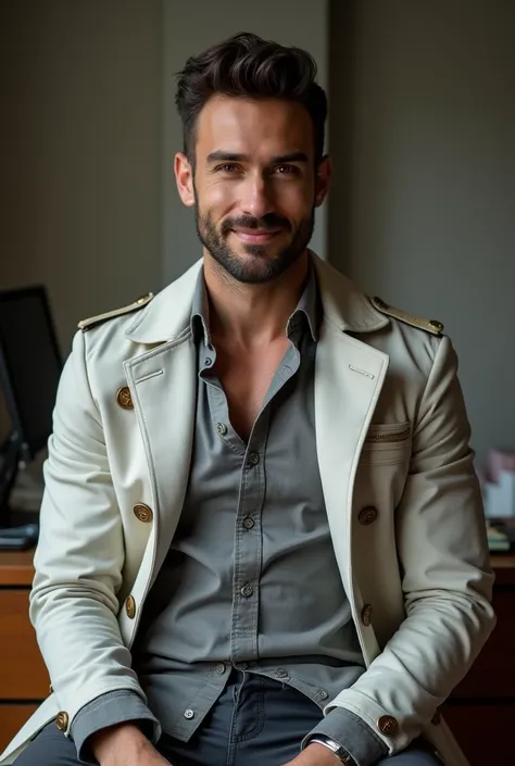 realisticic, Italian man, physicist and handsome, smiling , strong and muscular legs, large lump, casual dress, Oxford Shirt, Elegant pearl grey and white and gold trench coat Elegant and fashionable, Perfect face, perfect eyes, with beard, sexy, realistic...