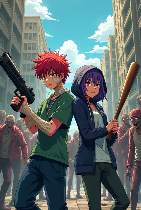 A young man with red hair and bandages, hood and a shotgun in his hand with an annoyed expression walking next to a girl with purple hair with a hood and a baseball bat in her hands with an expression of fear and that both are surrounded by zombies in an a...