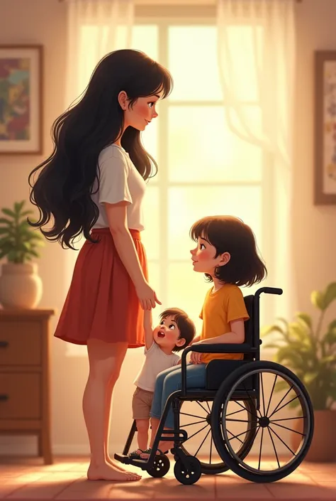 Standing woman with black hair and a teenage girl in a wheelchair and another baby standing