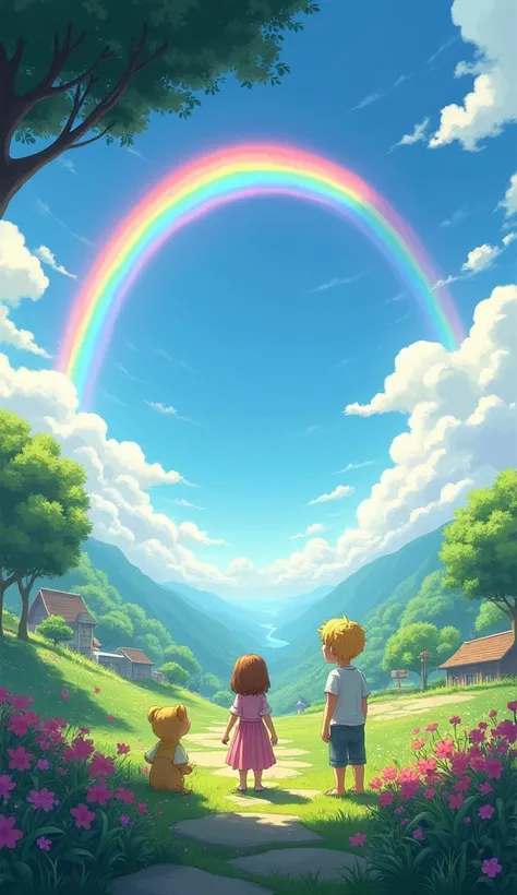 The rainbow is bright and colorful, spanning across a now-clear sky. Below, the landscape or a peaceful scene shows people or creatures admiring the beautiful arc.