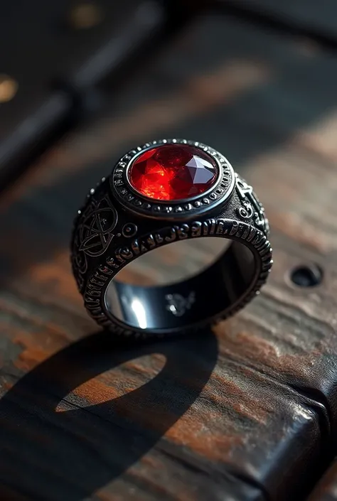 A black ring with silver symbols and a red gem in the middle