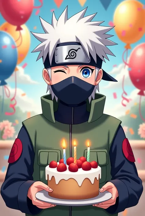 Happy birthday at a background for cartoon character Kakashi hatakae