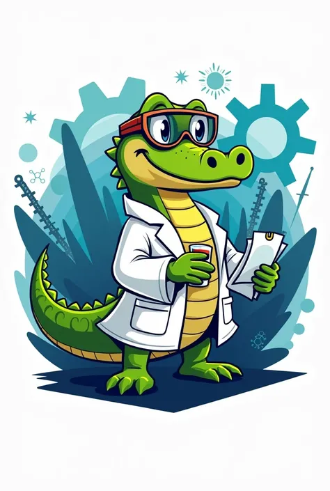 a logo for a Science and Technology Fair, a crocodile dressed as a scientist
