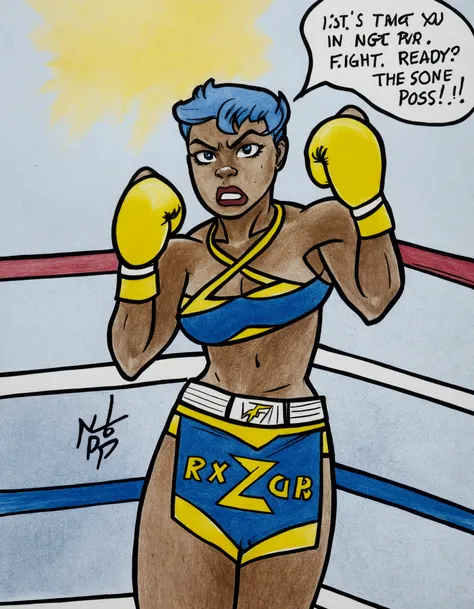 drawing of a female boxer with a blue and yellow outfit, comic book arzach style, in a boxing ring, inspired by Randy Vargas, she is ready to fight, in a fighting stance, comic card style, in a fighting pose, inspired by Rob Liefeld, razorgirl, official fa...