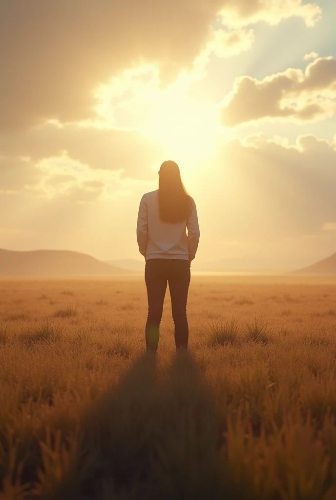 "A serene yet powerful image of a person standing confidently in a wide, open field, surrounded by nature. The person appears centered and peaceful, symbolizing self-worth and inner strength. The vast landscape emphasizes solitude and beauty, with the sunl...