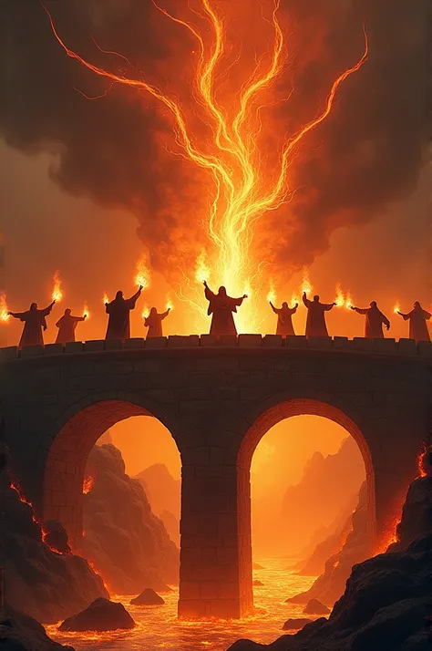 Generates an image of a bridge on fire with several wizards casting spells and a dark sky raining lava