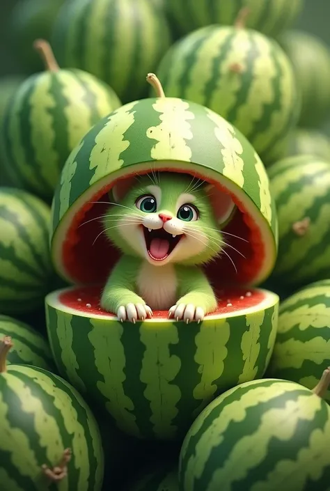  A green cartoon of a kitten sitting in a watermelon with its mouth open. The watermelon is surrounded by other watermelons. Realistic 