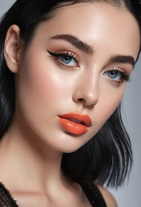 8k, RAW Photo, Photorealistic: 1.25), (Lip Gloss, Eyelashes, Glossy Face, Glossy Skin, Best Quality, Ultra High Resolution, Depth of Field, Chromatic Aberration, Caustics, Moisturized Lips, Ultra-Trimmed Face, Radiant Detailed Eyes, Black Hair, Semi-Long, ...