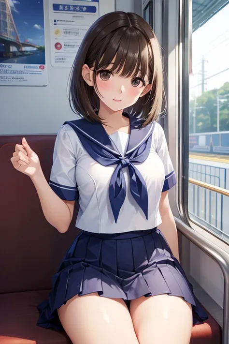 anegasaki nene、Shiny brown hair, Short Hair, (Beautiful brown eyes、Sparkling eyes, Fine grain)、smile、Ultra-detailed eyes、Highly detailed face, Highly detailed eyes,


Short-sleeved white sailor suit、Navy blue mini pleated skirt、Very short mini skirt、Bare t...