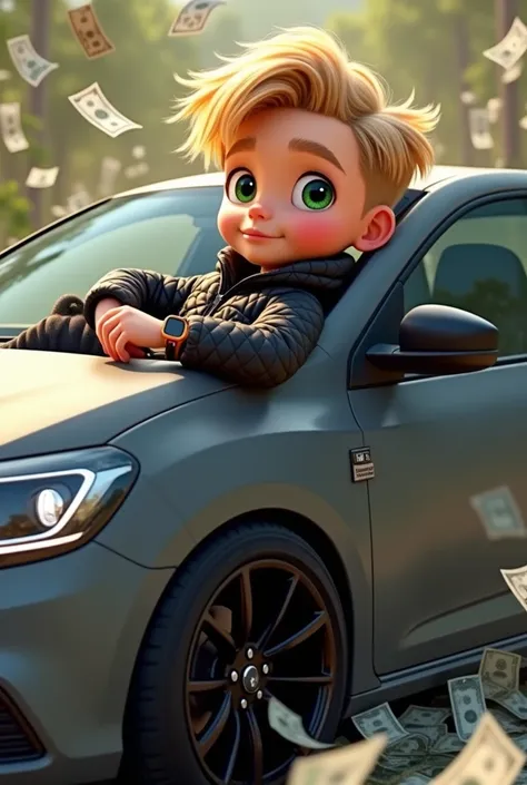 Create an animated image of a young blond boy with green eyes, hair combed upwards,with an Apple Watch with sneakers, black quilted jacket white lying on a gray Renault Logan 2016 with large black rims and a lot of money (dollar) background 