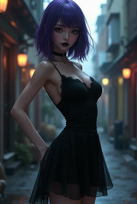 Create a Japanese teen goth girl dressed in a black dress that highlights her slender figure, with a slim waist and big tits. Her hair is dyed purple, reaching shoulder length and with bangs that frame her face. She has fine, feminine facial features. Her ...