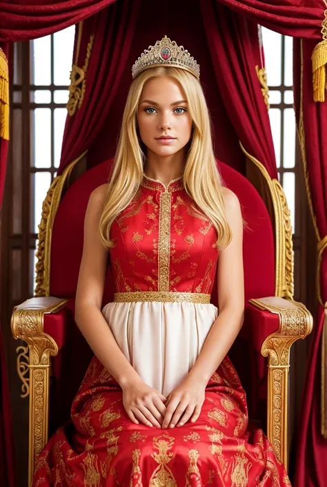 Make me an illustration This time the blonde-haired woman sat on the royal throne. Her face was quite beautiful but her gaze was sharp. She had an arrogant face. Her dress was red with the fabric floating below. Sitting gracefully like a princess Oh yes, i...