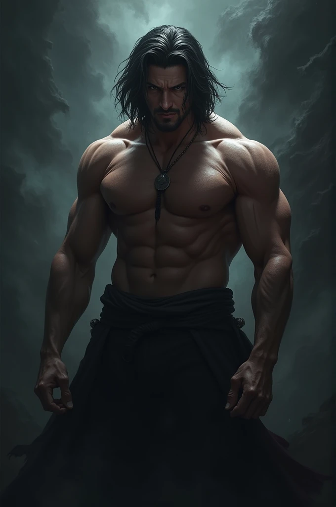 Black haired and black eyed man with shoulder length hair muscle 