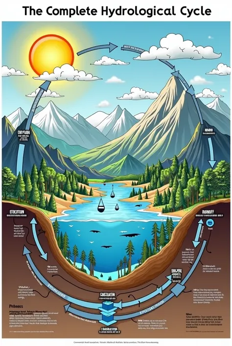 Image 1.1: Detailed diagram of the hydrological cycle, showing all the processes mentioned with arrows indicating the flow of water between them.]

Descripción Detallada de la Image 1.1:

Visual Elements:

sun: In the upper corner,, representing the energy...